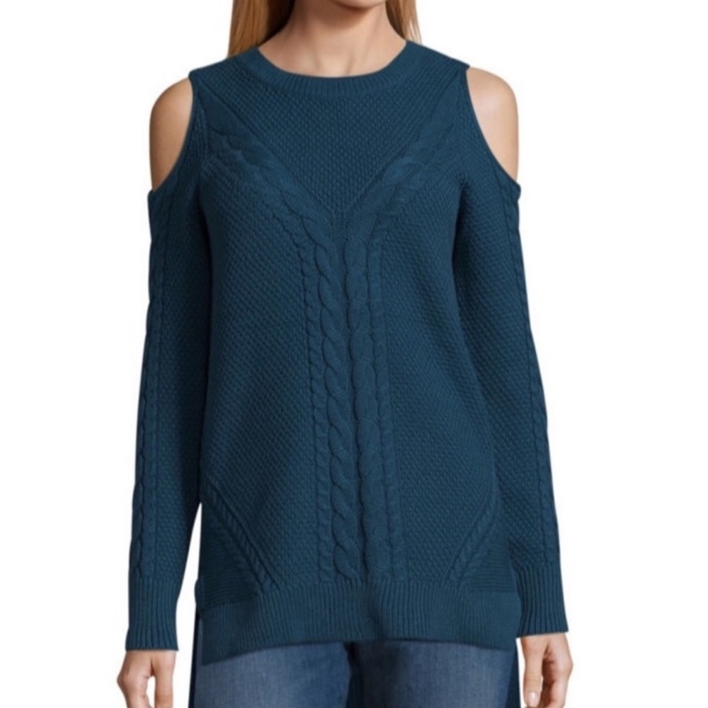 a.n.a Teal Cold Shoulder Sweater